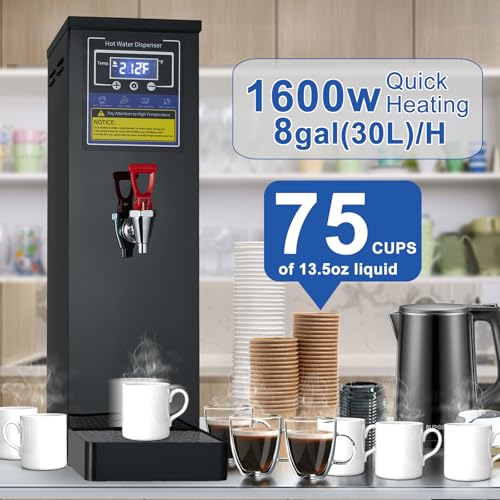 Image of Hot Water Dispenser Commercial Water Boiler Countertop Hot Water Machine Stainless Steel Step-heating Temperature Control 86-212F for Boba Tea Coffee Office Restaurant 1600W, 30L(8GAL) /Hour, Black