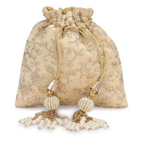Image of LONGING TO BUY Indian Embroidered Pearl Potli Bag For Women, Sequence Design with Tassel, Wedding Potli Bags
