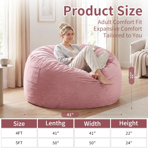 Image of Kromax Bean Bag Chair with Filling Included, Large 4FT Comfy Bean Bag Chairs for Adults, Teens, Memory Foam, Machine Washable Thick Dutch Velvet Cover, for Living Room, Den, or Bedroom, Pink