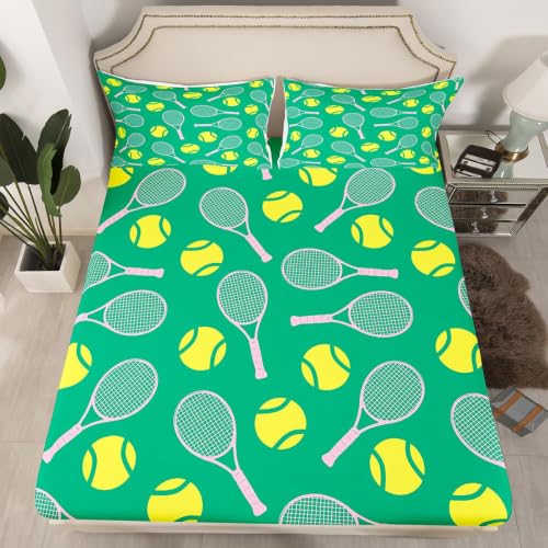 Castle Fairy Preppy Tennis Fitted Sheet Full Size (No Flat),Cartoon Tennis Ball Bedding Set 3Pcs,Kids Boys Teens Room Decor,Modern Green Bed Sheets Fashion Sports Deep Pocket Sheet,2 Pillowcases