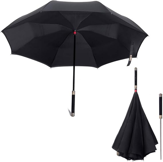 Amazon 逆傘逆さアンチuvナイト防風サムライソード傘自己防衛サンレインストレート傘 服 ファッション小物 通販
