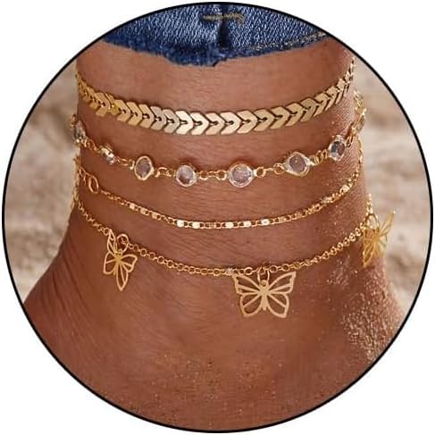 4Pcs Gold Anklets for Women, Anklet for Women Stylis, Stylish Boho Beach Jewelry Set with Butterfly Charms, Layered Anklet Collection for Fashion Accessorizing and Gift Giving