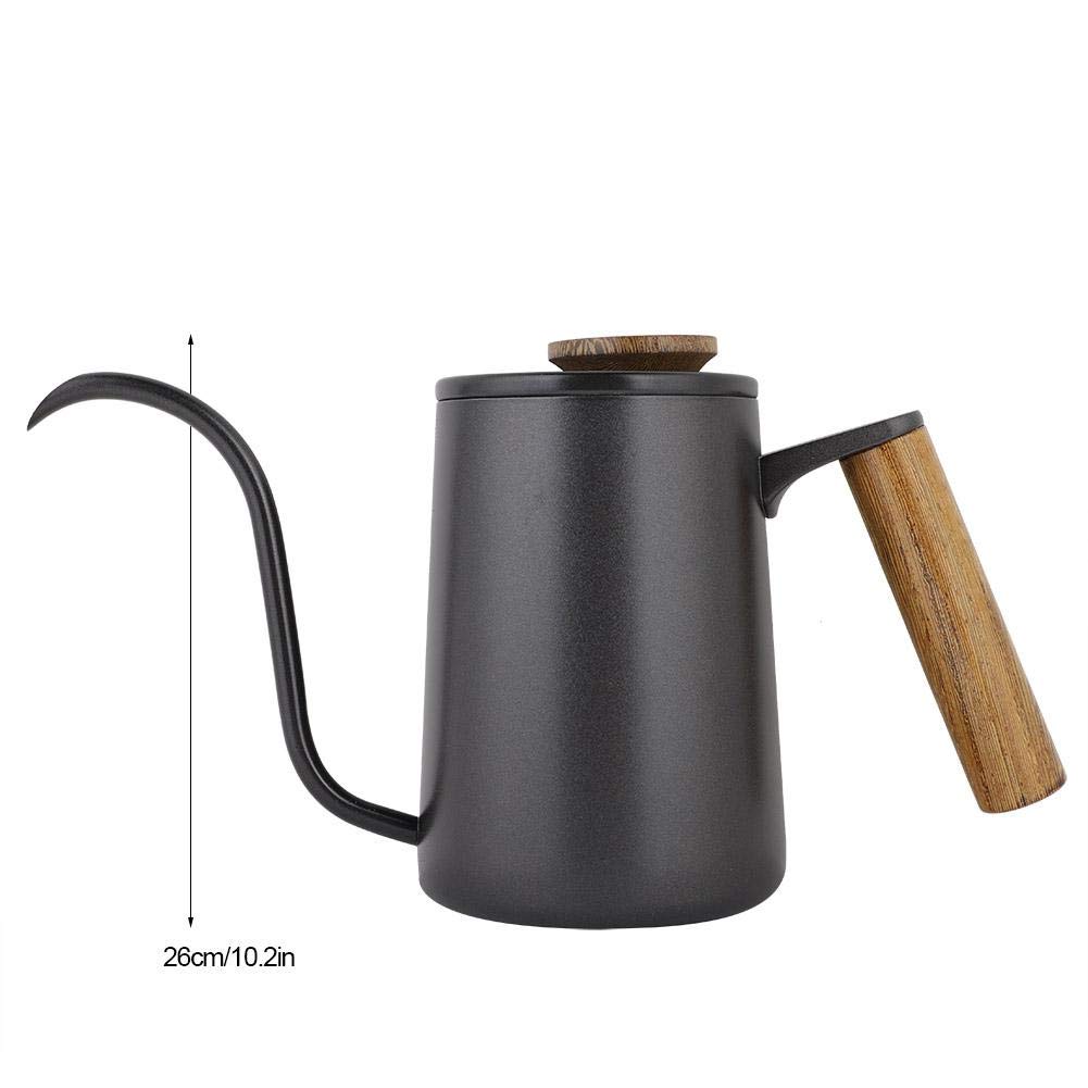 Fdit Caldera Larga del Canalón del Cuello de Cisne del Pote del Café del Goteo de la Manija del Acero Inoxidable de la Moda 600ml[Negro ]