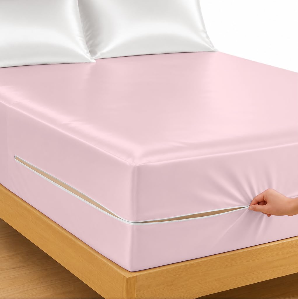 Silky Microfiber Zipper Fitted Sheet- 8" Deep- Pink- Queen Size-image-37