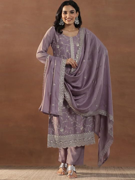Image of Women's Mauve Embroidered Round Neck Sequinned Straight Silk Blend Kurta With Trousers & Dupatta