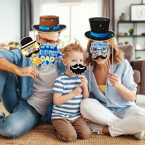 Image of Happy Father's Day Decorations Banner and Photo Props Set, 30 PCS Fathers Day Decor Set DIY Funny Party Supplies Favors Accessories for Home Wall Fireplace Mantel Photography
