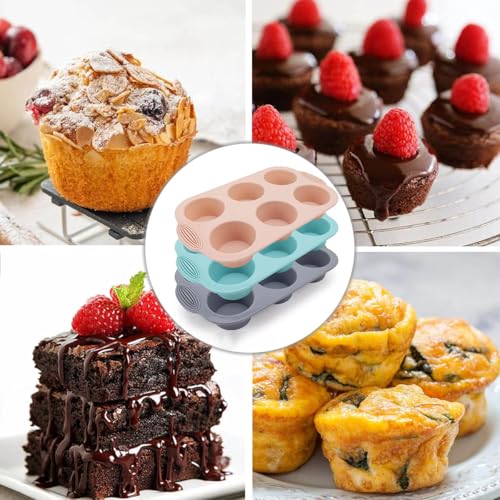 3 Pezzi Stampo per Muffin in Silicone (Grigio, Rosa, Blu Pavone) - Per Cupcakes, Torte, Brownies, Budino - immagine 5