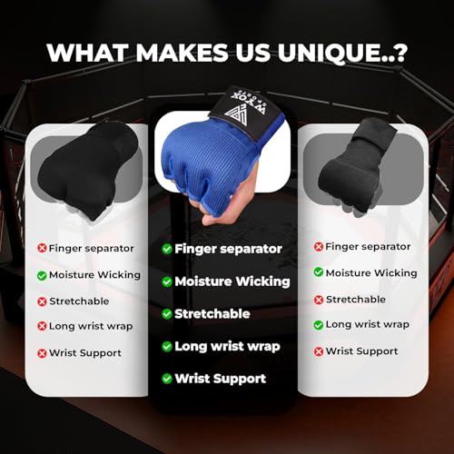 Image of WYOX Gel Boxing Hand Wraps Inner Gloves for Men & Women - 80cm /31inch Quick Wrist Strap, Padded Knuckle Support, Fingerless MMA Muay Thai Kickboxing Wraps for Training, Punching & Martial Arts