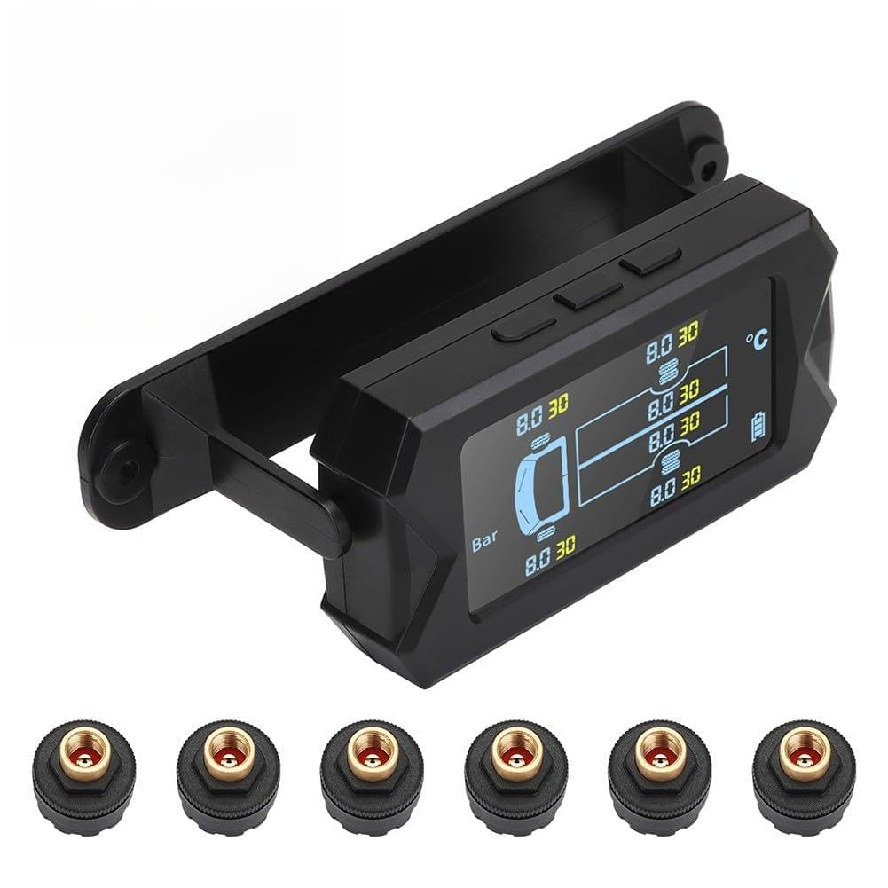Solarbetriebenes drahtloses TPMS, 6 externe Sensoren Auto für Reifendruck-Monitor mit LCD-Display und audiovisuellem Alarm