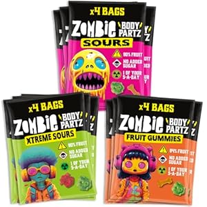 Zombie No Added Sugar Sweets, Variety Pack (12 Bags), 90% Fruit, Vegan, Healthy Snacks for Adults, Kids, Low Calorie, Gluten Free, Halal, Bulk, Jelly, Tub, Vegetarian, Party Bags, Gummy, Multipack