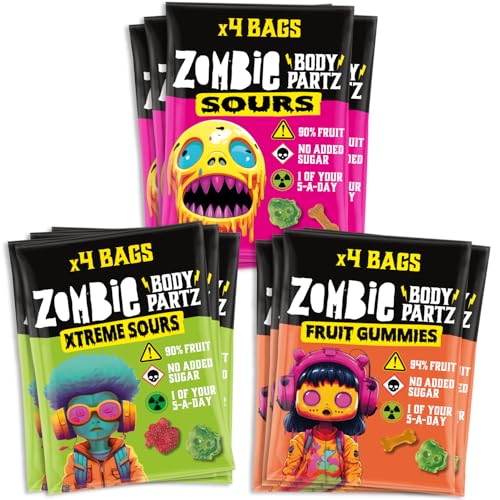 Zombie No Added Sugar Sweets, Variety Pack (12 Bags), 90% Fruit, Vegan, Healthy Snacks for Adults, Kids, Low Calorie, Gluten Free, Halal, Bulk, Jelly, Tub, Vegetarian, Party Bags, Gummy, Multipack