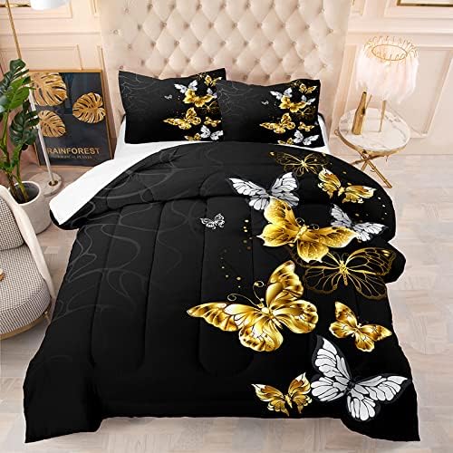 NINENINE Juego de edredón negro y dorado tamaño Queen para niñas, niños y mujeres, juegos de ropa de cama de mariposa plateado dorado con 1 edredón