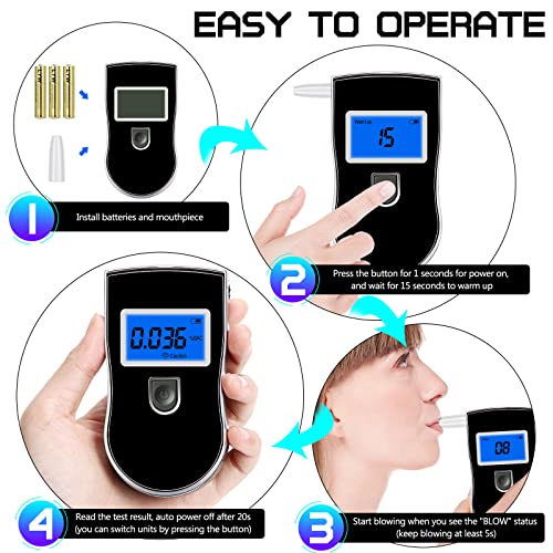 Alcohol Breathalyzer, Alcohol Breath Tester for Testing, Portable Alcohol Tester with 20 Mouthpieces & Digital Blue LCD Display for Personal Home Use - Thumbnail 6