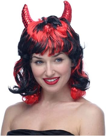 Amazon Co Jp Qianzicai ハロウィン赤いホーンかつら 短い髪 面白い面白いクリスマスの髪のセットをドレスアップマスカレード ヘアツール 服 ファッション小物