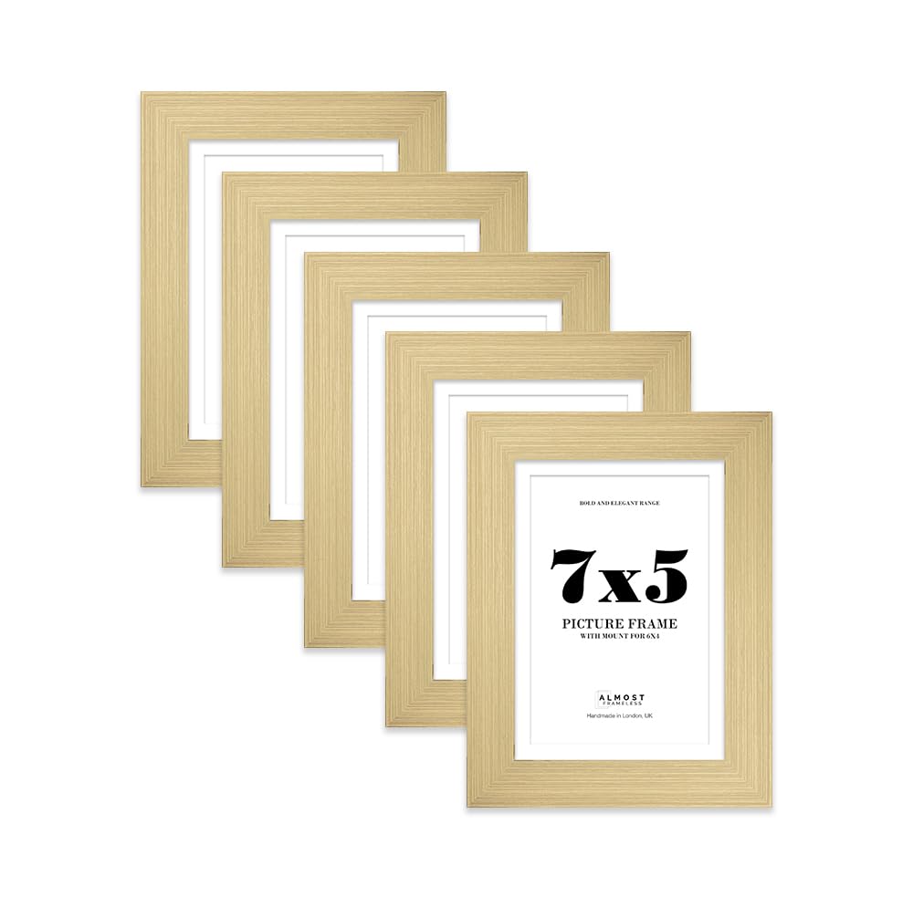 7x5" Gold Frame With Mount for 6x4" Pictures 28mm Edge Portrait and Landscape Display with Wall Hooks and Kickstand, 5 Pack