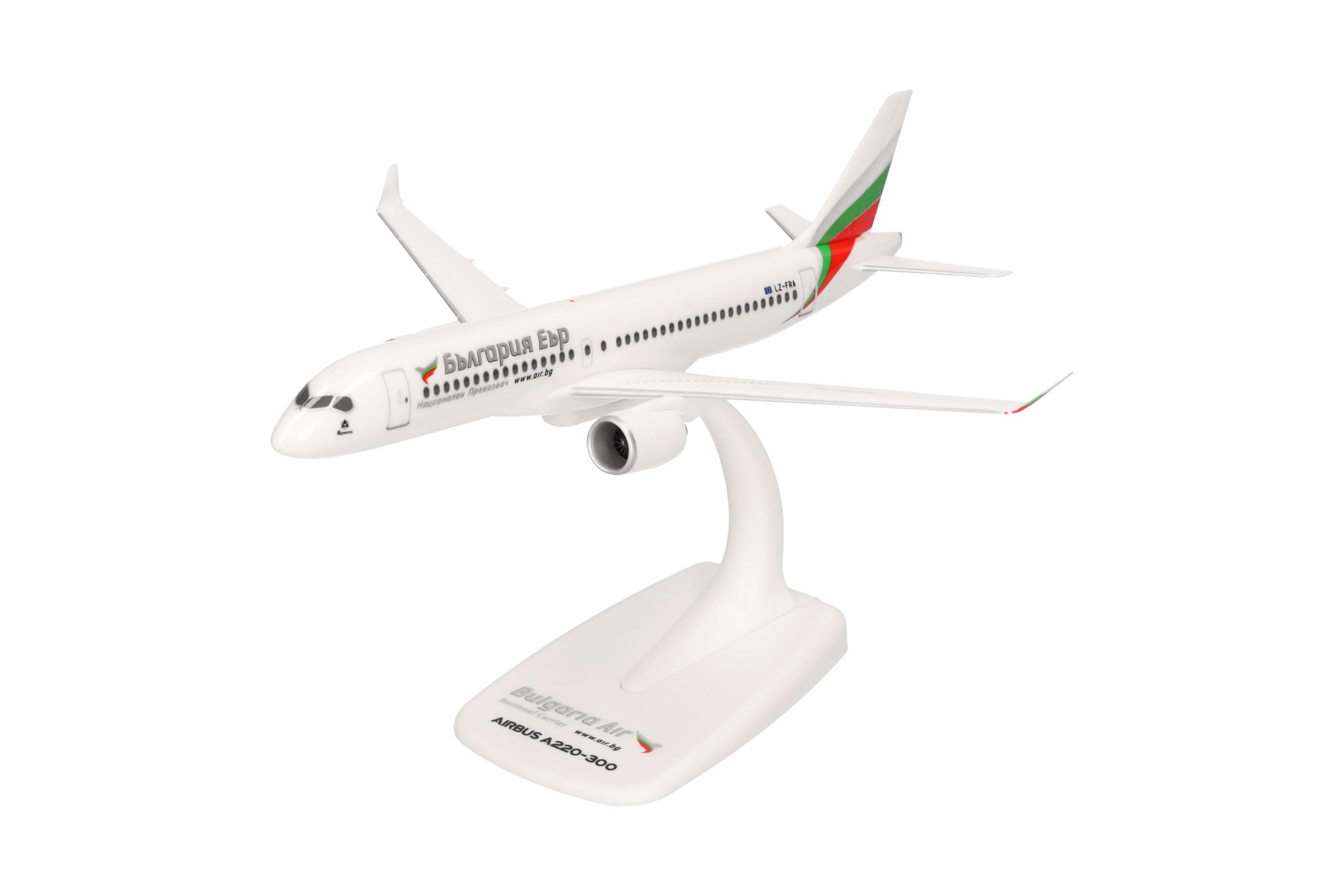 Herpa Snap-Fit airplane model Bulgaria Air Airbus A220-300, on a scale of 1:200, plastic miniature with pedestal, collectors edition