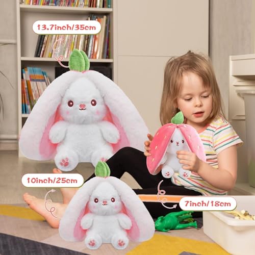 Image of VanityX Reversible Strawberry Bunny Soft Toy, Cute Plush Doll for Kids, 2-in-1 Stuffed Toy Pillow, Soft Toys for Baby Girls, Birthday Gift for Girlfriend, Girls Gift Items (Strawberry, 30cm)
