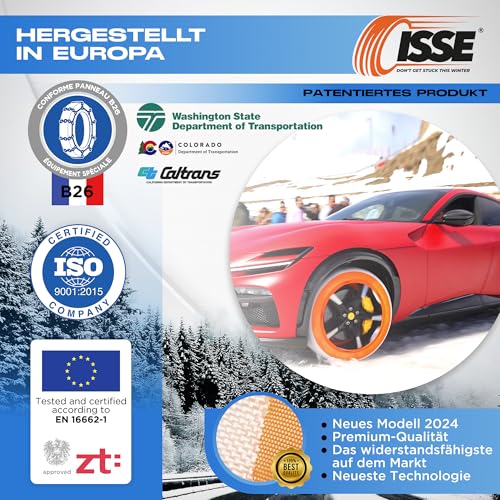 Schneeketten ISSE Super T-70 | Homologierte - EN 16662-1 - Textil-Schneeketten für Autos - Universelle Ketten für den täglichen Einsatz bei Schnee und Eis - Kit mit 2 Schneeketten + Handschuhe