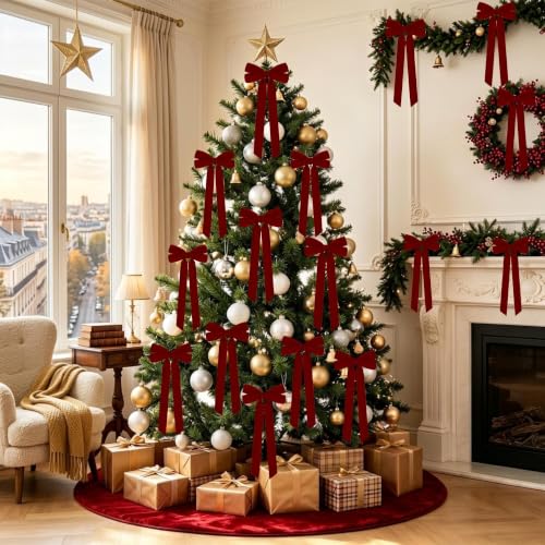 MUKOSEL 12Pcs Burgundy Velvet Bows for Christmas Tree Decorations — view 3