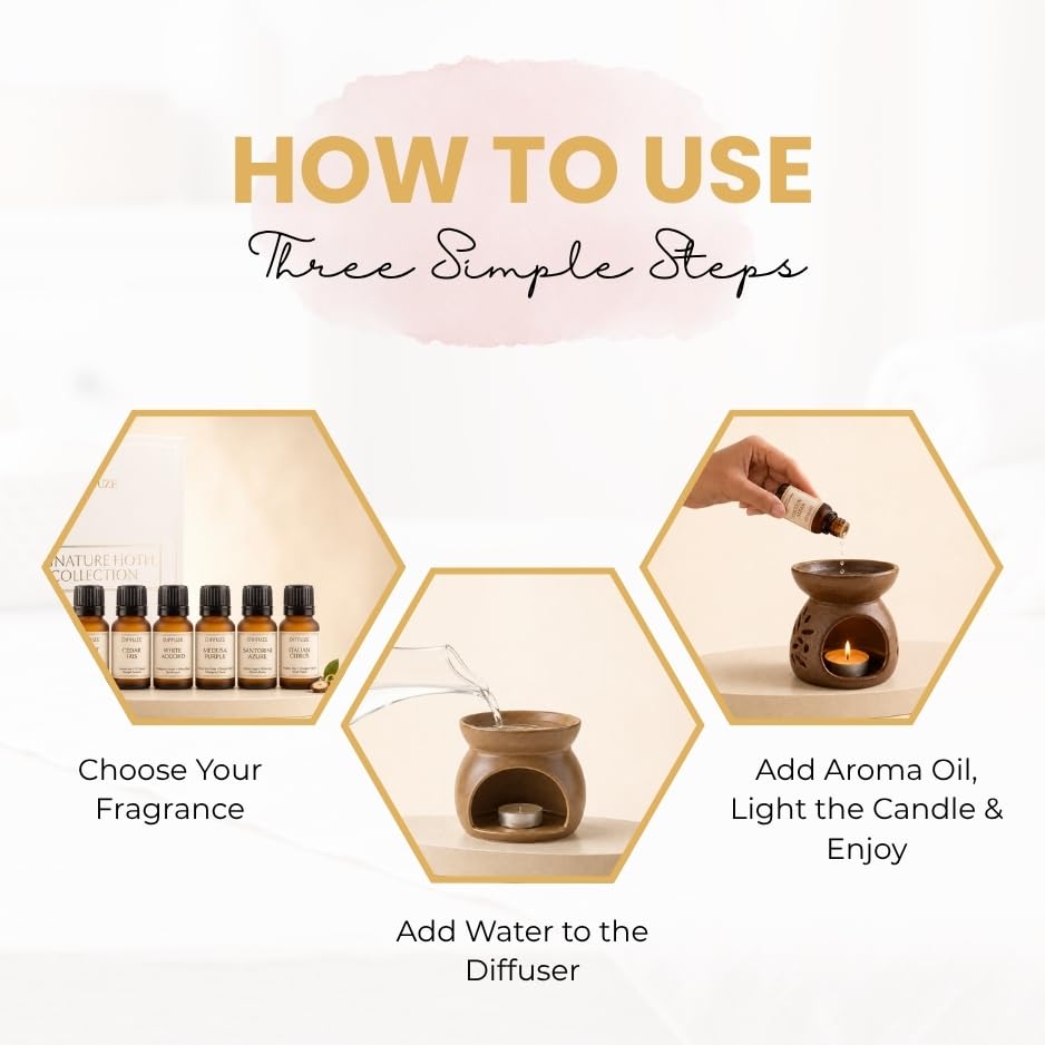 Image of DIFFUZE Essential Oil Set | Signature Hotel Collection - 6 x 15 ml Premium Aroma Fragrance Oils | Luxury Fragrance Oil Set for Diffuser, Home, Car & Room | Long-Lasting Hotel-Inspired Fragrance | 6 Signature Scents