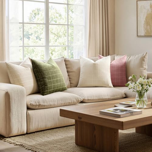Image of MIULEE Olive Green Plaid Decorative Throw Pillow Covers 18x18 Set of 2 | Vintage Check Chenille Couch Pillows Neutral Boho Farmhouse Cushion Covers Modern Home Decor for Sofa Bed Living Room