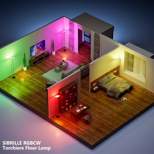 Image of SIBRILLE RGB Torchiere Floor Lamp - 30W Dimmable LED Standing Lamp with Remote, Multi Color Changing, 72in Tall Corner Light, Bright Standing Pole Light for Office Living Room Bedroom Basement, Black