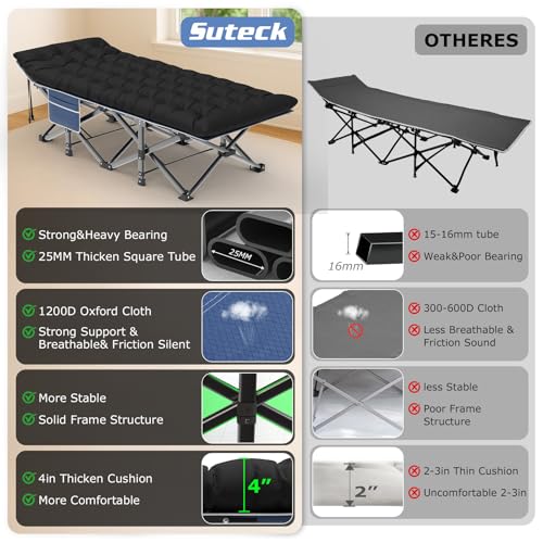 Image of Suteck Camping Cot, 32In XXL Folding Camping Cot Sleeping Bed for Adults 1200D Double Layer Oxford Cots for Camping W /Pilllow Mattress Carry Bag for Home Office Travel