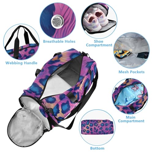 Duffle Bag Kids Gym Bag with Shoes Compartment & Wet Separation Overnight Travel Bag Pink Purple Blue Leopard Print for Girl Boy4