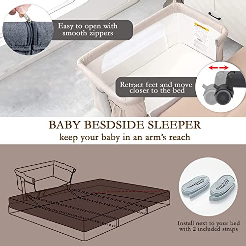 Image of Baybee 3 in-1 Baby Bedside Crib Cradle for Baby with Adjustable Height & Wheels, Baby Cot with Rocking, Mosquito Net & Mattress | Baby Crib for New Born Babies 0 to 18 Months Boy Girl (Beige) Metal