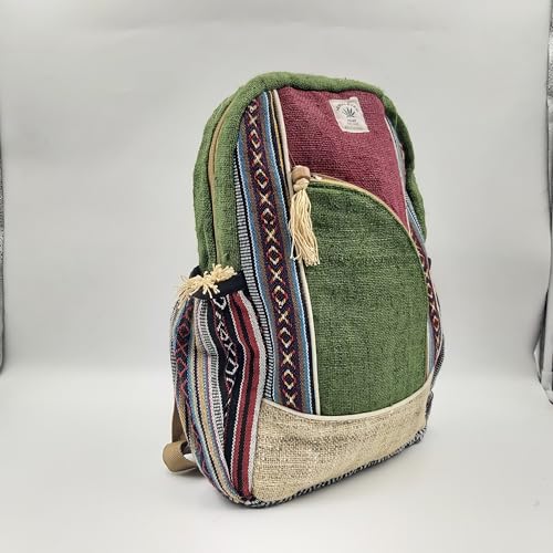 Himalayan Heritage Hemp Backpack, Traditional Striped Pattern, Green and Burgundy, Multi-Compartment Travel Bag3