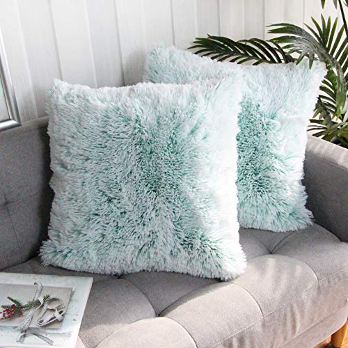 Uhomy 2 Packs Fluffy Accent Pillows Cover 18"x18", Soft Green Ombre Faux Fur Throw Pillow Case, Modern Luxury Decorative Square Cushion Cover for Farmhouse Home Decor for Sofa/Bed/Chair, 45x45cm
