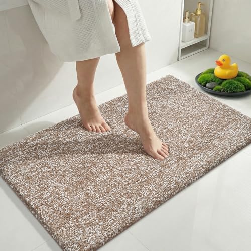 Yimobra Fluffy Bathroom Rugs, Shaggy Soft Comfortable Non Slip Bath Mats, Water Absorbent Microfiber Bathroom Mat, Machine Washable Thick Bathroom Floor Rug for Bathtub, 36.2 x 24 Inch, Brown