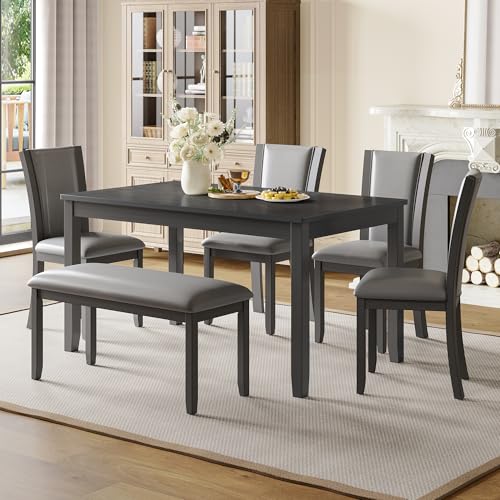 Image of KEIKI 6-Piece Standard Height Dining Table Set with Rectangular Table, 4 Upholstered Chair, Bench, for 6 Person, Farmhouse Rustic Style Table Set, Easy Assembly, for Kitchen, Dining Room, Gray