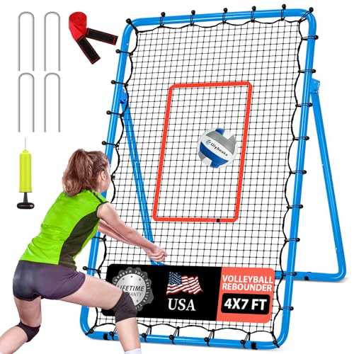 Adjustable Volleyball Rebounder Net 7x4 ft with PU Volleyball and Stakes - Bounce Back Training Equipment for Practicing Volleying, Bumping, Spiking, Easy Set Up & Steady for Multi Sports