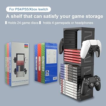 HONCAM Video Game Storage Tower for PS5 PS4 Xbox Nintendo Switch Games, Universal Discs Organizers 24 PCS with 4 Controllers Holder, Disk Box Stand Rack Accessories