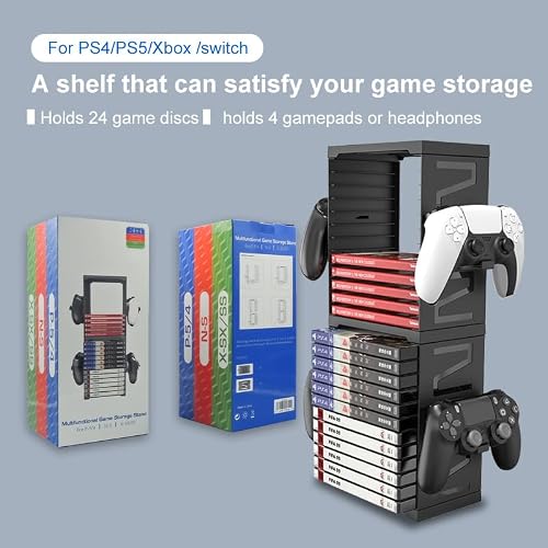 HONCAM Video Game Storage Tower for PS5 PS4 Xbox Nintendo Switch Games, Universal Discs Organizers 24 PCS with 4 Controllers Holder, Disk Box Stand Rack Accessories - Thumbnail 5