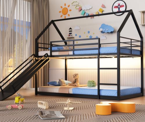 Twin Over Twin Bunk Bed with Slide 40 Gentle-Slope & LED Light Black