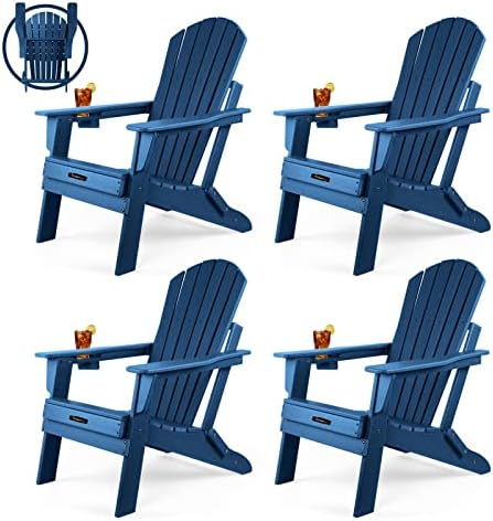 FUNBERRY Folding Adirondack Chair Set of 4, Fire Pit Chairs, Plastic Adirondack Chairs Weather Resistant with Cup Holder, Composite Adirondack Chairs