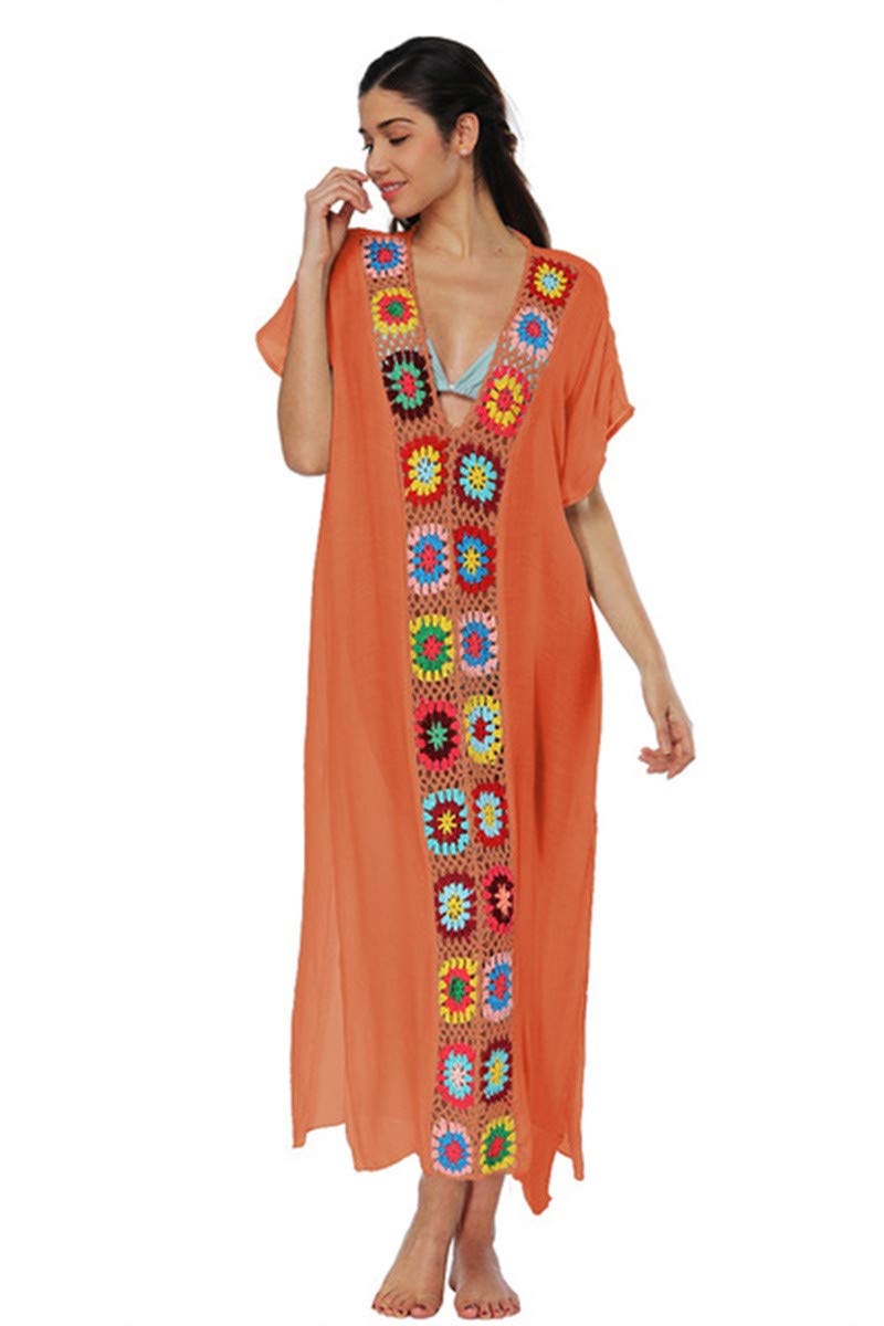 Kawai Peach Women's Orange L-Peach Floral Knitted Bathing Suits Cover Up Kaftan Beach Maxi Dress