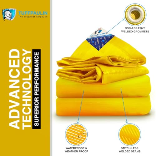 Image of Tuffpaulin 24FT X 12FT 120 GSM Yellow Tarpaulin Sheet | Waterproof Tirpal | Tarpaulin Tirpal Tadpatri Tharpai Thadika Mulching Sheet, UV Resistant, Waterproof, 6 Layer 3D Rib Technology, Tarp