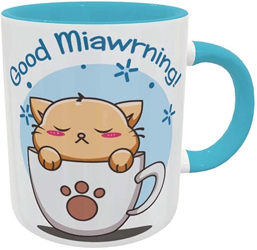 Caneca Kawaii Gatinho Bom Dia Presente Criativo Geek cor:Azul