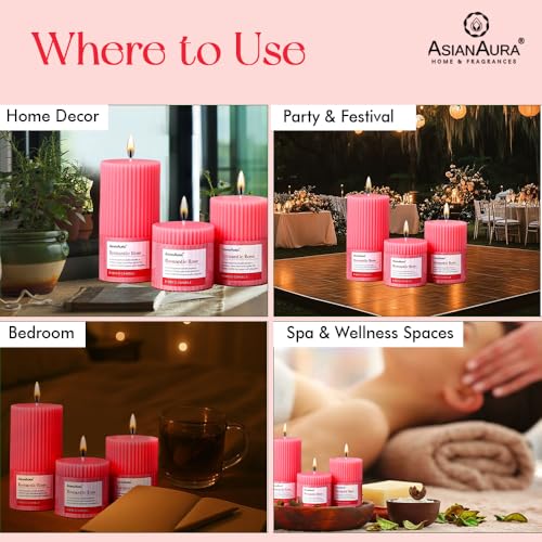 Image of ASIAN AURA Ribbed Pillar Candles - Pack of 3 | Scented Candles for Home Decor, Gifting & Festive Use | Long Burn time up to 36hrs | Clean-Burning Wax & Smokeless Flame (Romantic Rose)