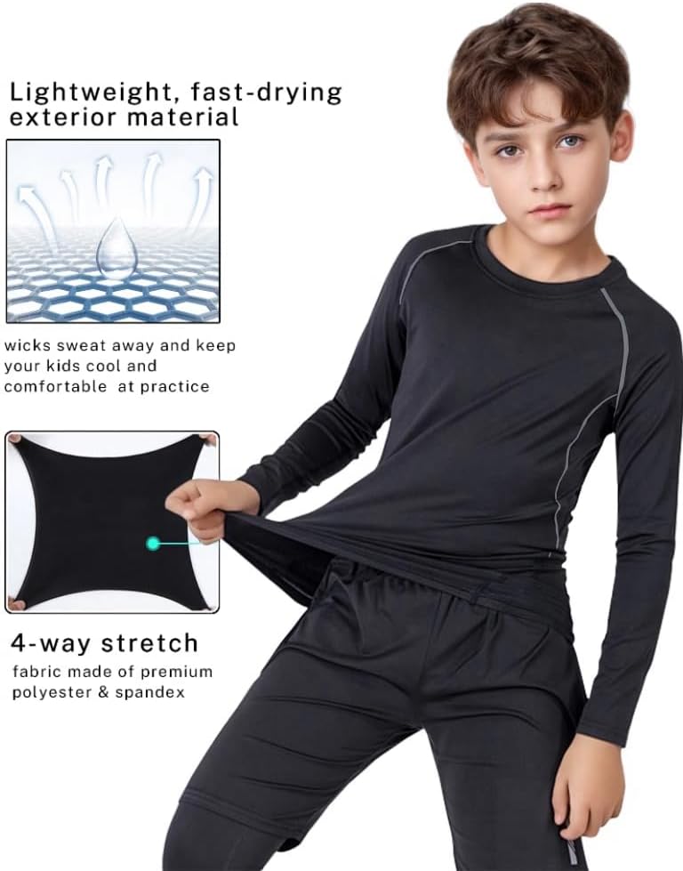 3 Pack Youth Boys & Girls Long Sleeve Compression Shirts Sports Base Layer for Kids Cold Gear - Image 3
