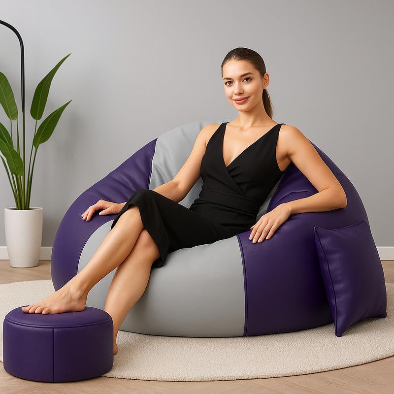 Image of Biggie Bean Bag Chair 6XL with Beans Filled-Duo Pop Sofa-Two Tone One Vibe-Crafted for Comfort-Styled for Elegance with Free Cushion & Footrest (Matching Color : Sofa, Light-Grey Indigo)