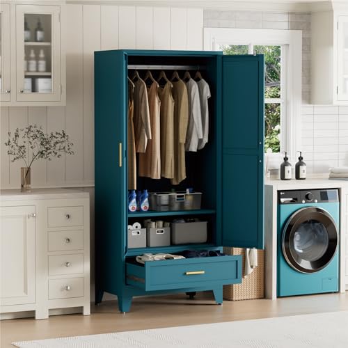 Image of Blue Metal Wardrobe Closet for Bedroom, 71 inch Freestanding Armoire Wardrobe with Drawer and Shelf, Hanging Rod Clothing Storage Cabinet with Two Doors, Tall Farmhouse Clothes Cabinet Bedroom Armoires