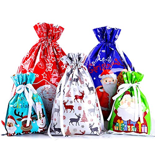 12pcs Sacs-Cadeaux de Noël Avec Cordon de Serrage Grand,5 Motifs 4 ttailles pour Emballage de Cadeaux de Noël,Paquet de Cadeau de Noël Bonbons Sac Sucré Sacs de Noël Pour l'anniversaire de Mariage Cover