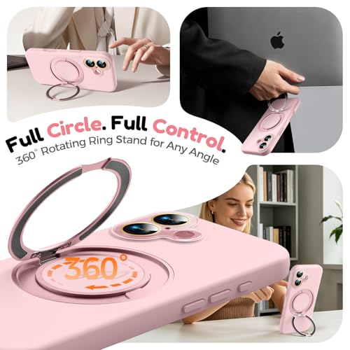 Image of Silicone 360 Spin Magnetic Stand Case for iPhone 17, [Compatible with Mag-Safe][Reinforced Hard Camera Protection]Shockproof Liquid Silicone Rubber Phone Case Cover with Ring, Camera Button, Pink