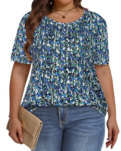 Image of Plus Size Tops for Women Pleated Summer Top Trendy Short Sleeve Shirts Casual Basic Tee Crew Neck Blouses 2026