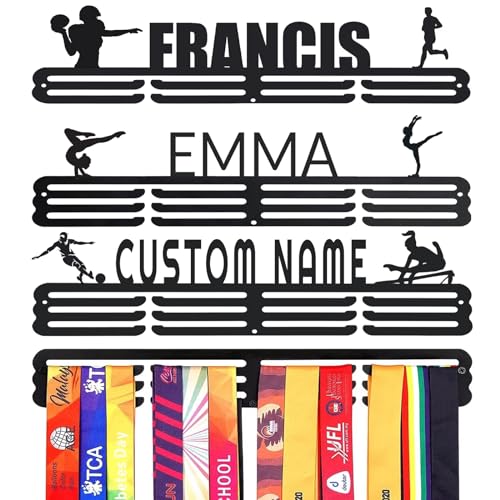 Goutoports Personalized Medal Holder with Name Display Rack for Awards Ribbons - Metal Custom Sports Race Plaques Hanger for Wall Mount Hold Up 60 Medal Hanger Display for Athlete Boy Girl Kid