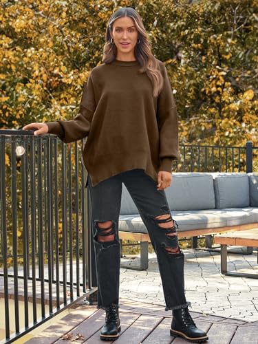 Image of LILLUSORY Women's Oversized Batwing Sweaters 2026 Fall Outfits Trendy Crewneck Knit Side Slit Fashion Pullover Tops
